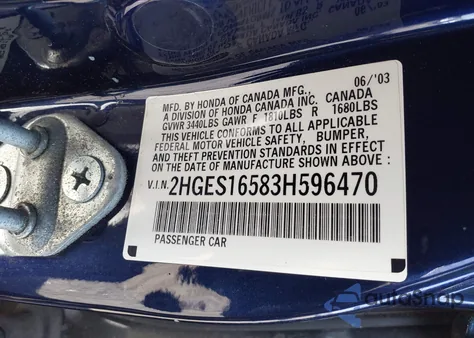 2003 Honda Civic Lx z USA, uszkodzony, nr VIN 2HGES16583H596470